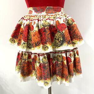 Vintage cotton half apron with ruffles colorful red orange tiered full design OS